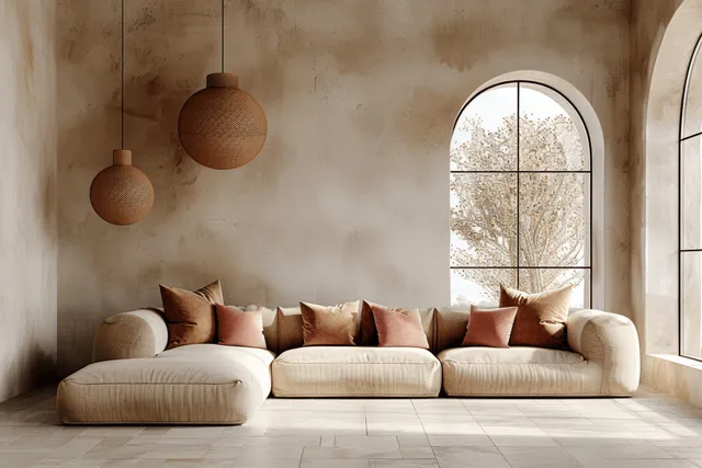Beige minimalist living room with sofa and pink pillows under pendant lights and daylight from an arched window.