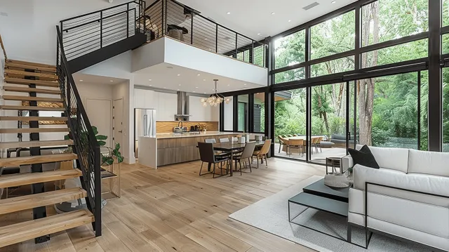 Open living and kitchen interior with staircase, black handrail, and tall windows showing a garden view.