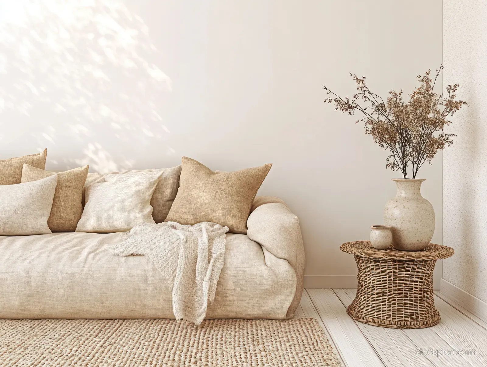 Beige sofa cushions and a woven side table with a ceramic vase of dried flowers in soft daylight.
