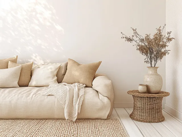 Beige sofa cushions and a woven side table with a ceramic vase of dried flowers in soft daylight.