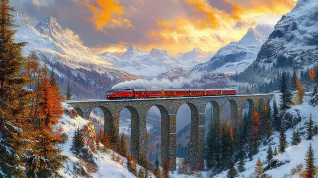 Red train moves across a tall stone arched bridge over snowy mountains with autumn trees under a fiery sunset.