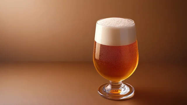 Close-up amber beer in tulip glass with thick white foam against warm brown background with Shallow Depth Of Field