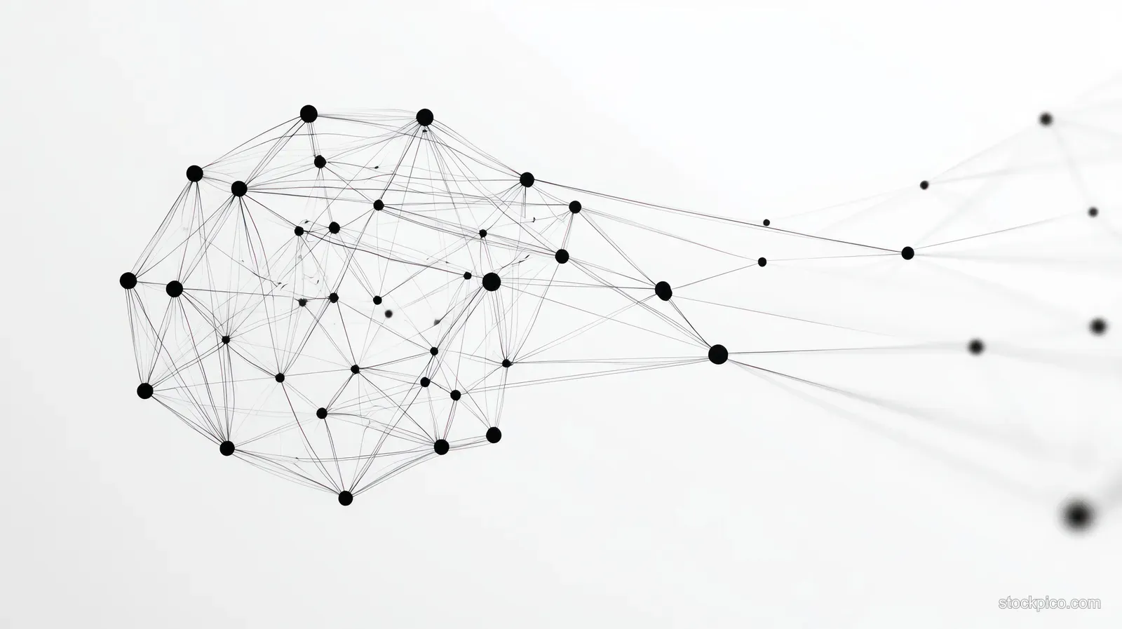 Black network nodes connected by thin lines form a geometric web on a white background.