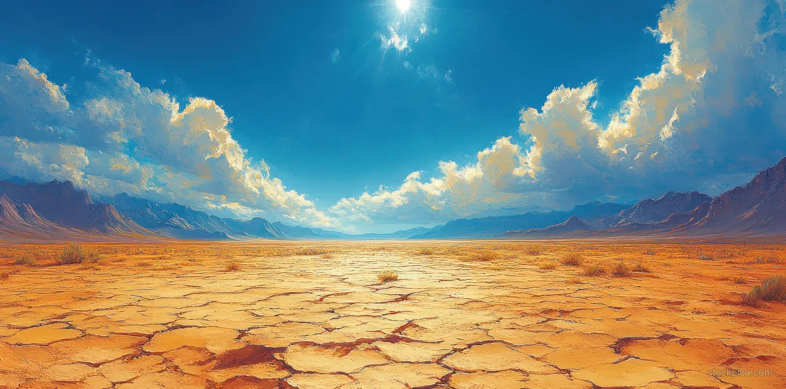 Cracked dry desert ground stretches toward distant mountains under a bright blue sky with visible heat haze.