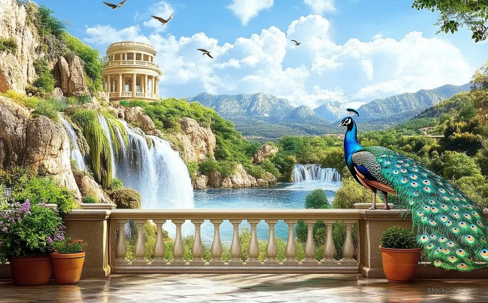 A peacock displays its feathers on a gazebo balcony overlooking a cascading waterfall and green mountain scenery.