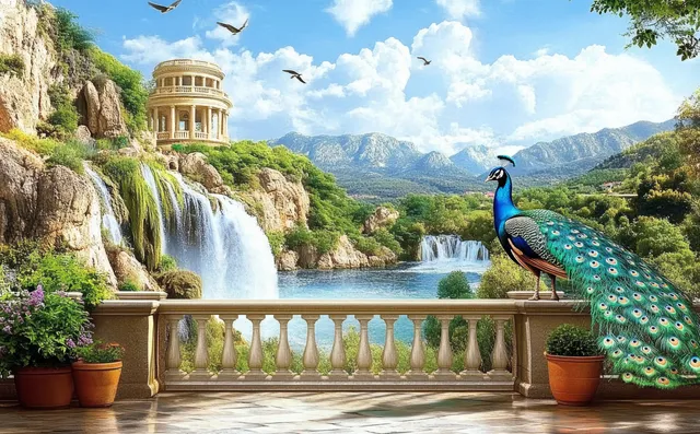 A peacock displays its feathers on a gazebo balcony overlooking a cascading waterfall and green mountain scenery.