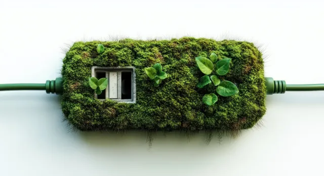 Moss-covered power strip with leafy plants sprouting from its outlets on a white background.