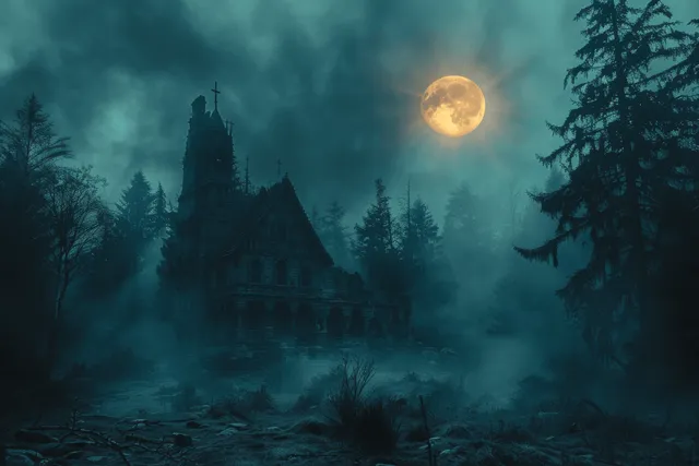 A gothic mansion looms in misty woods under a full moon, surrounded by dark trees and an eerie, supernatural atmosphere.
