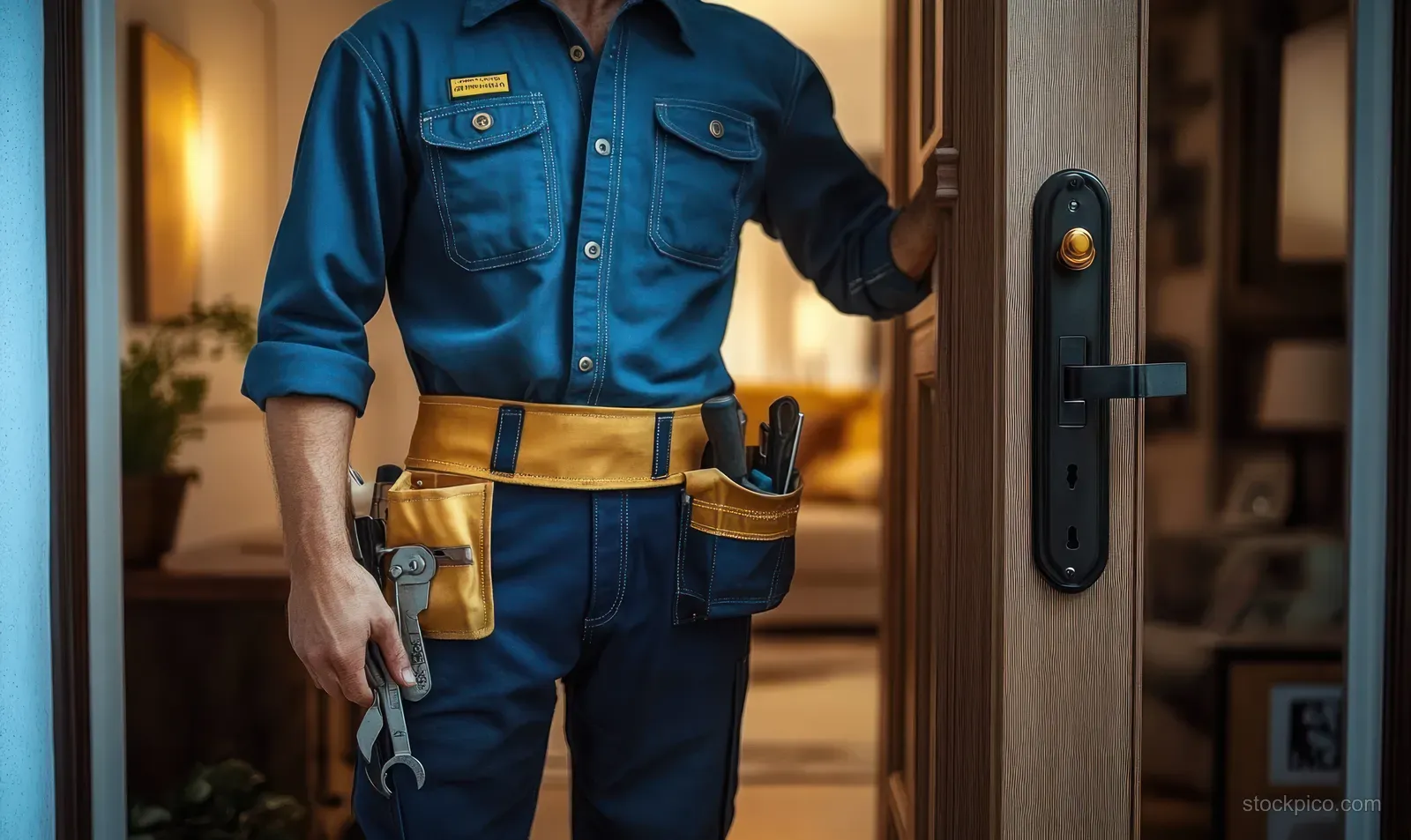 A handyman in blue workwear holds a wrench next to an open wooden door indoors.