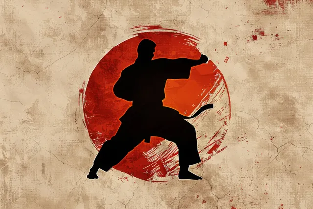 Black karate kumite silhouette lunges toward camera inside a red brush circle on a rough textured backdrop.