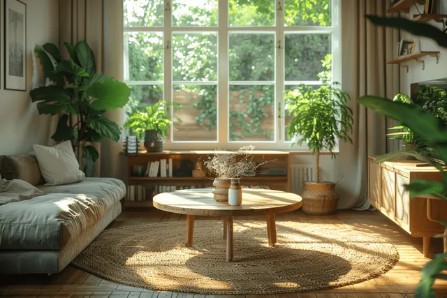 Mint green sofa and round wooden table sit in a bright living room with large window light and potted plants.