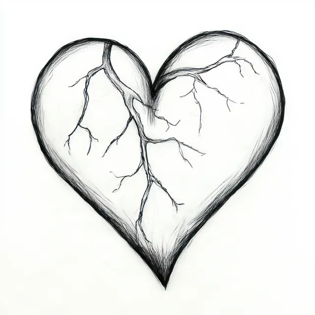 Monochrome sketch of a cracked heart with thin branch-like lines spreading inside it.
