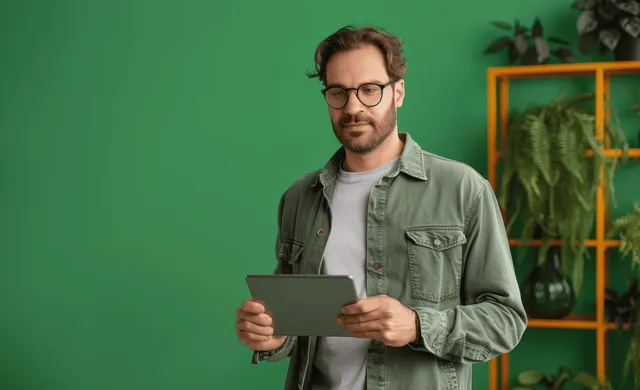 Young entrepreneur holds digital tablet and researches online on green studio background