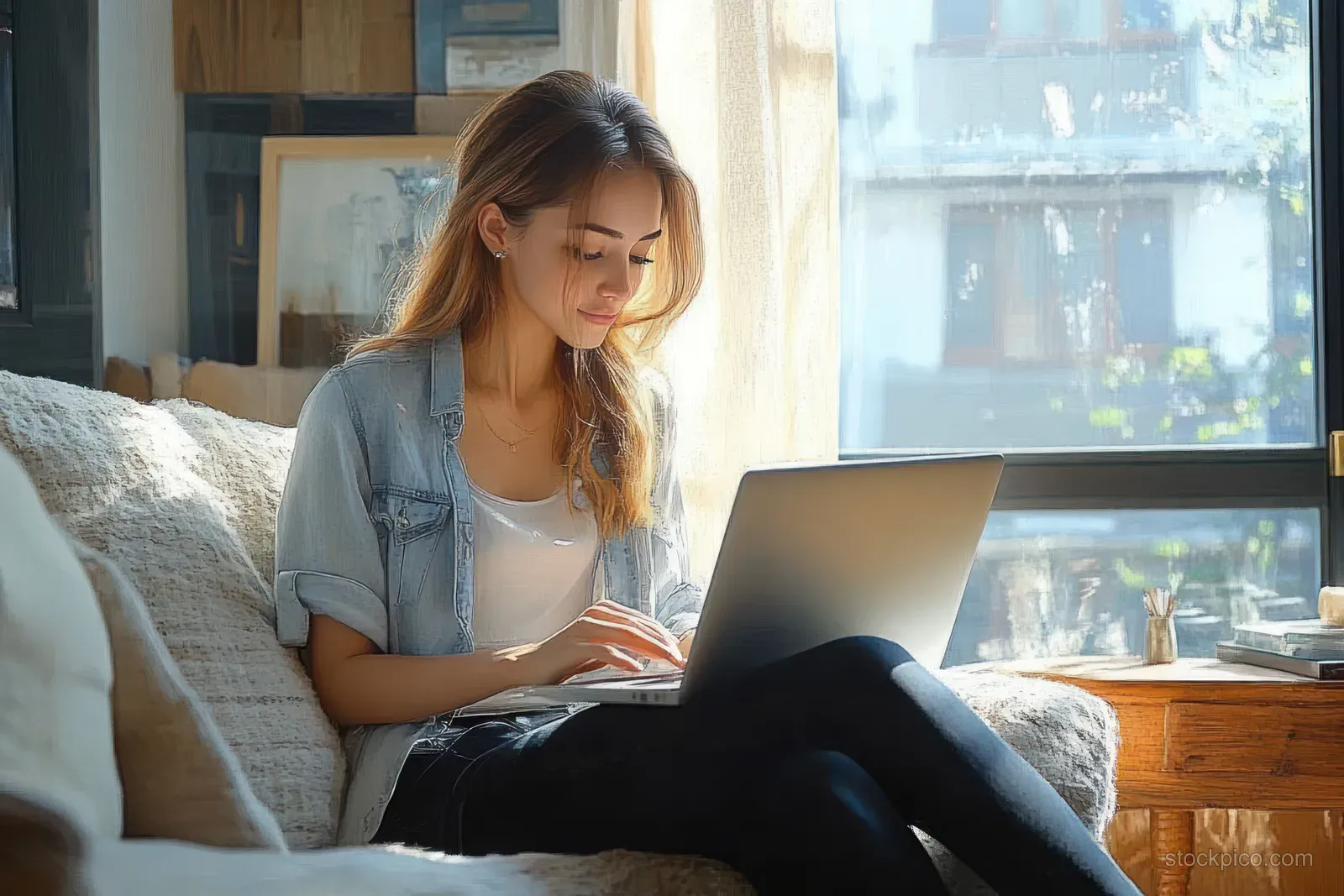 Young woman sitting on a sofa by a sunlit window typing on a laptop in a bright room.
