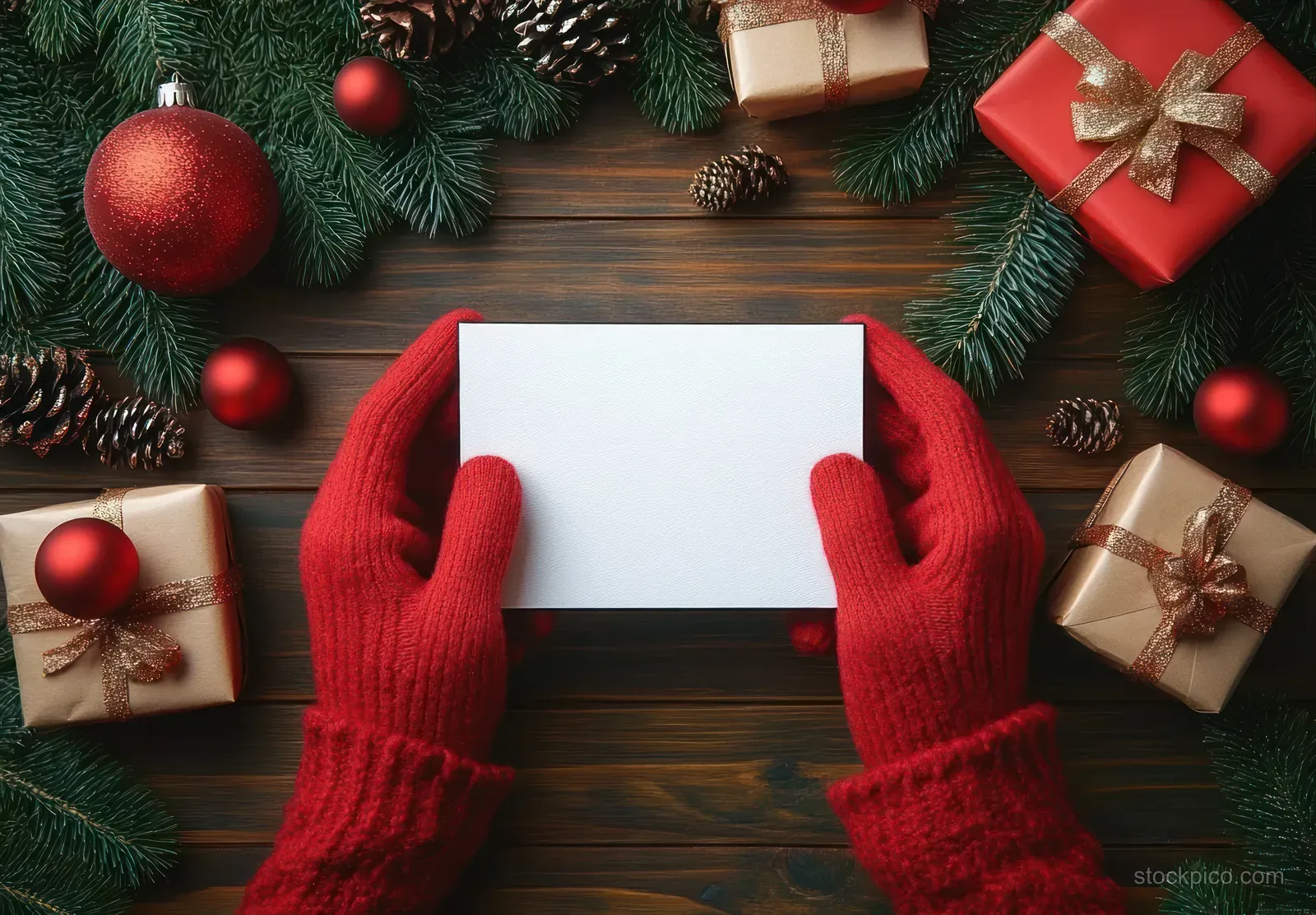Red gloved hands hold a blank white Christmas card with ornaments, pine cones, and gift boxes around it.
