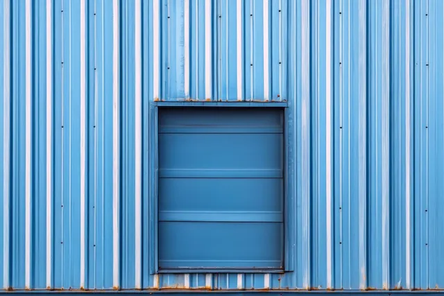 Centered blue hatch door on a corrugated metal building wall with faint rust speckles and vertical panel lines.