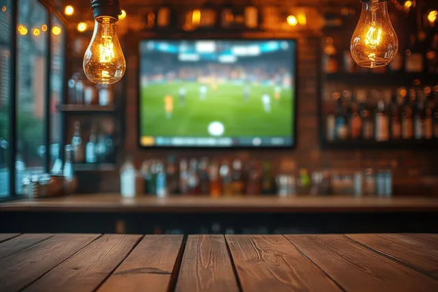 Warm bar interior with wooden table foreground and glowing hanging bulbs above blurred sports TV