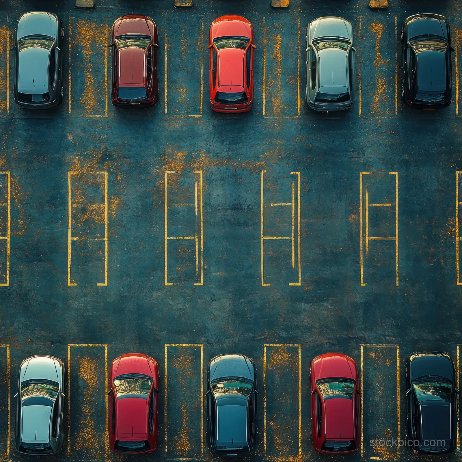 Overhead view shows rows of parked cars in a mostly empty parking lot with visible lane lines.