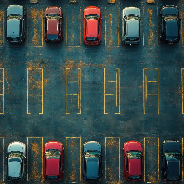 Overhead view shows rows of parked cars in a mostly empty parking lot with visible lane lines.