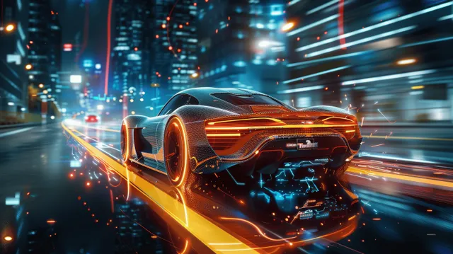 A neon-lit futuristic race car speeds through a night city street with holographic HUD elements and light trails.