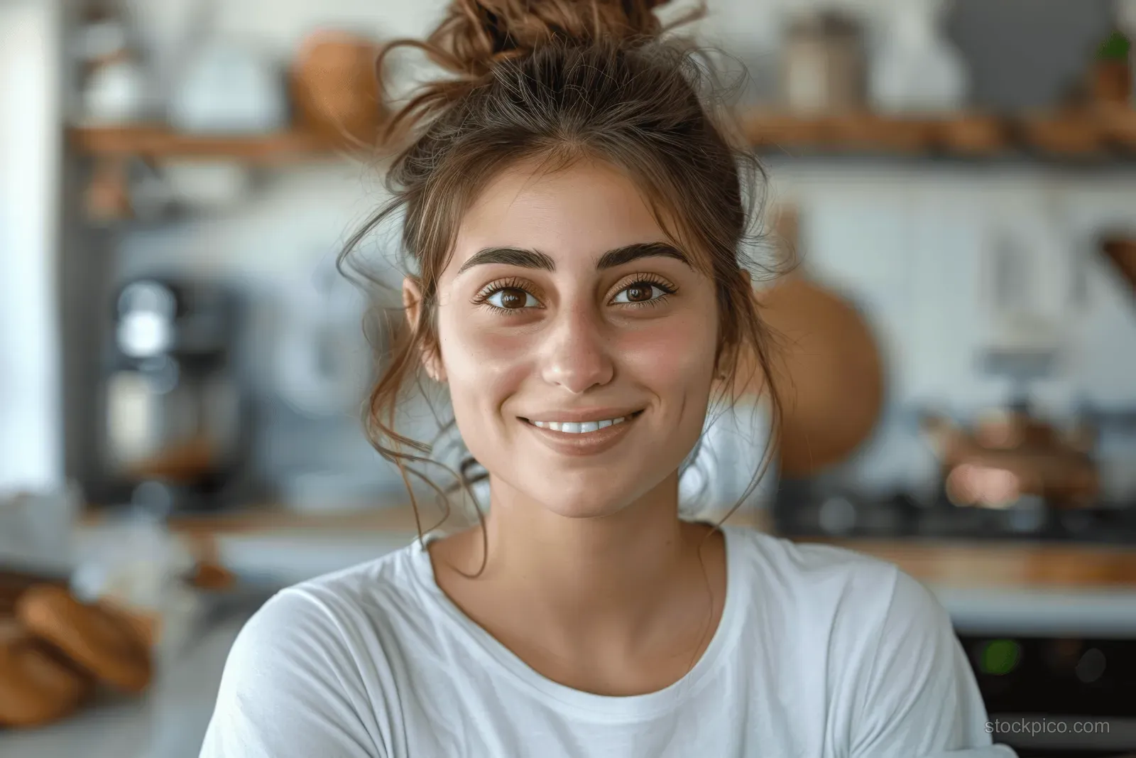 Young woman smiling in a cozy home kitchen, tied-up hair and white t-shirt with softly blurred background.