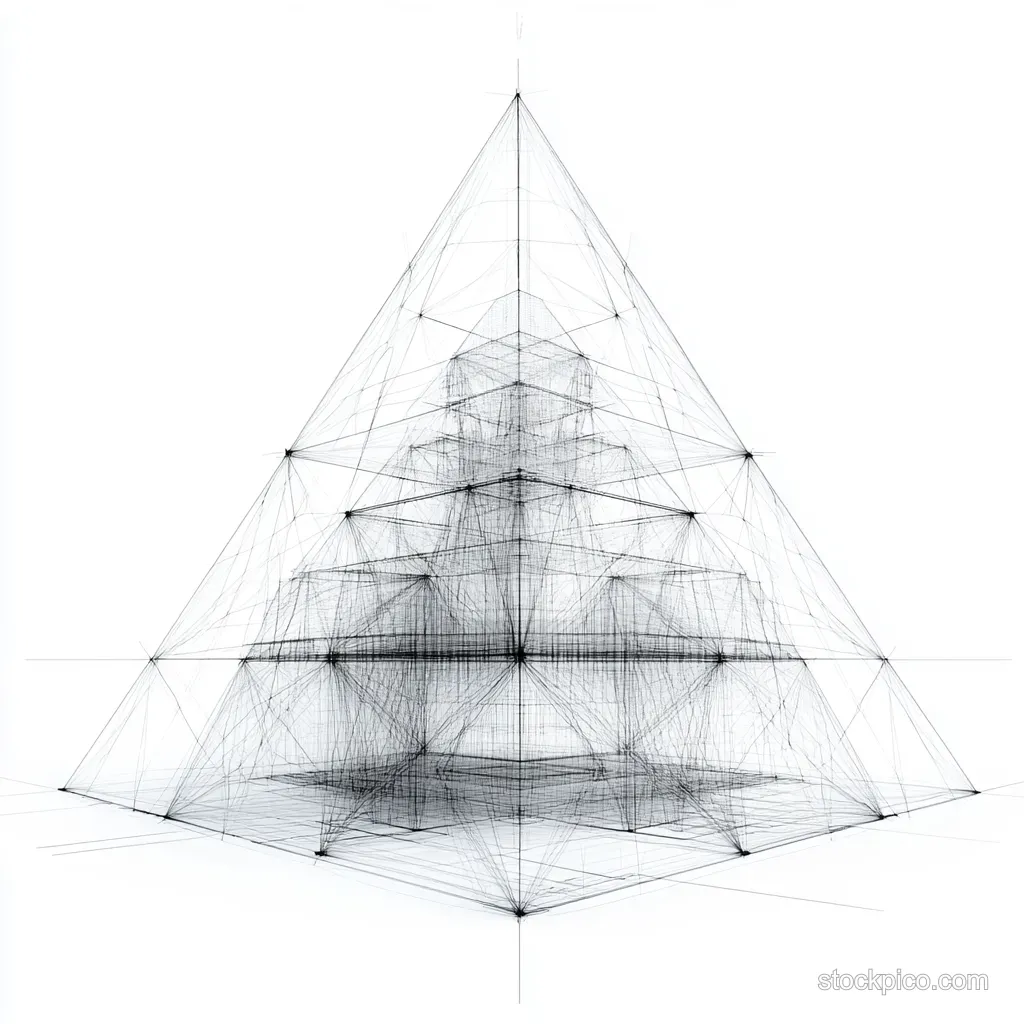 Wireframe pyramid formed by intersecting lines and nodes with semi-transparent layered planes on a white background.