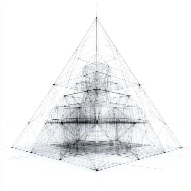 Wireframe pyramid with intersecting lines and nodes on white, semi-transparent layered planes