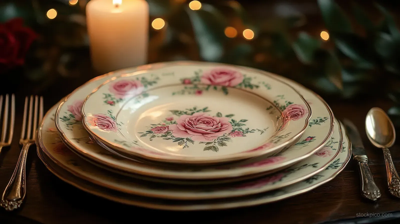 Stacked floral plates with pink roses sit on a wooden table beside silver cutlery under warm candlelight.