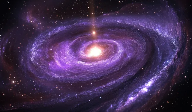 A purple spiral galaxy with a glowing bright core and swirling starlight trails in deep space.