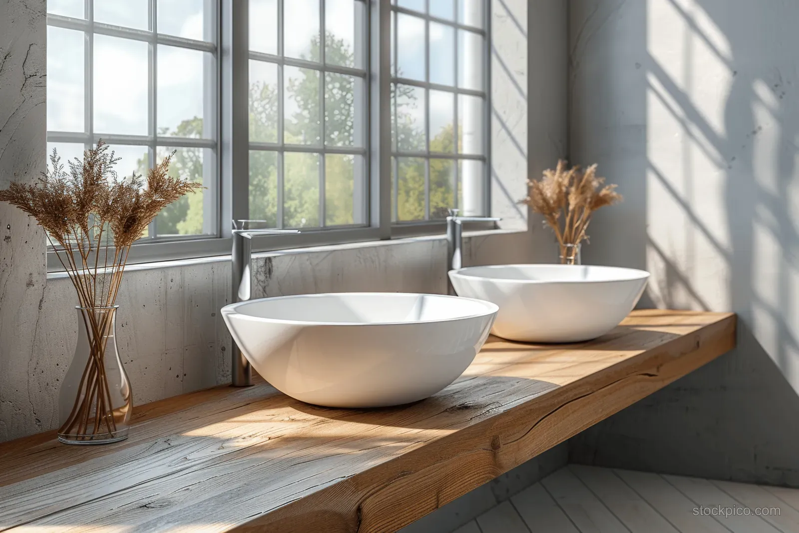 Minimalist bathroom shows two white sinks on a wooden counter beside a tall window with daylight.
