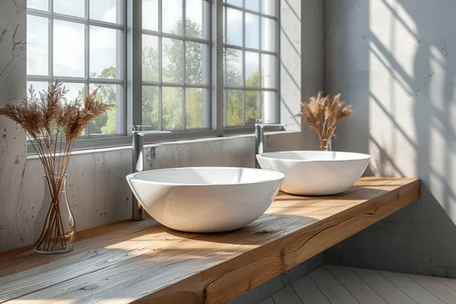 Minimalist bathroom shows two white sinks on a wooden counter beside a tall window with daylight.