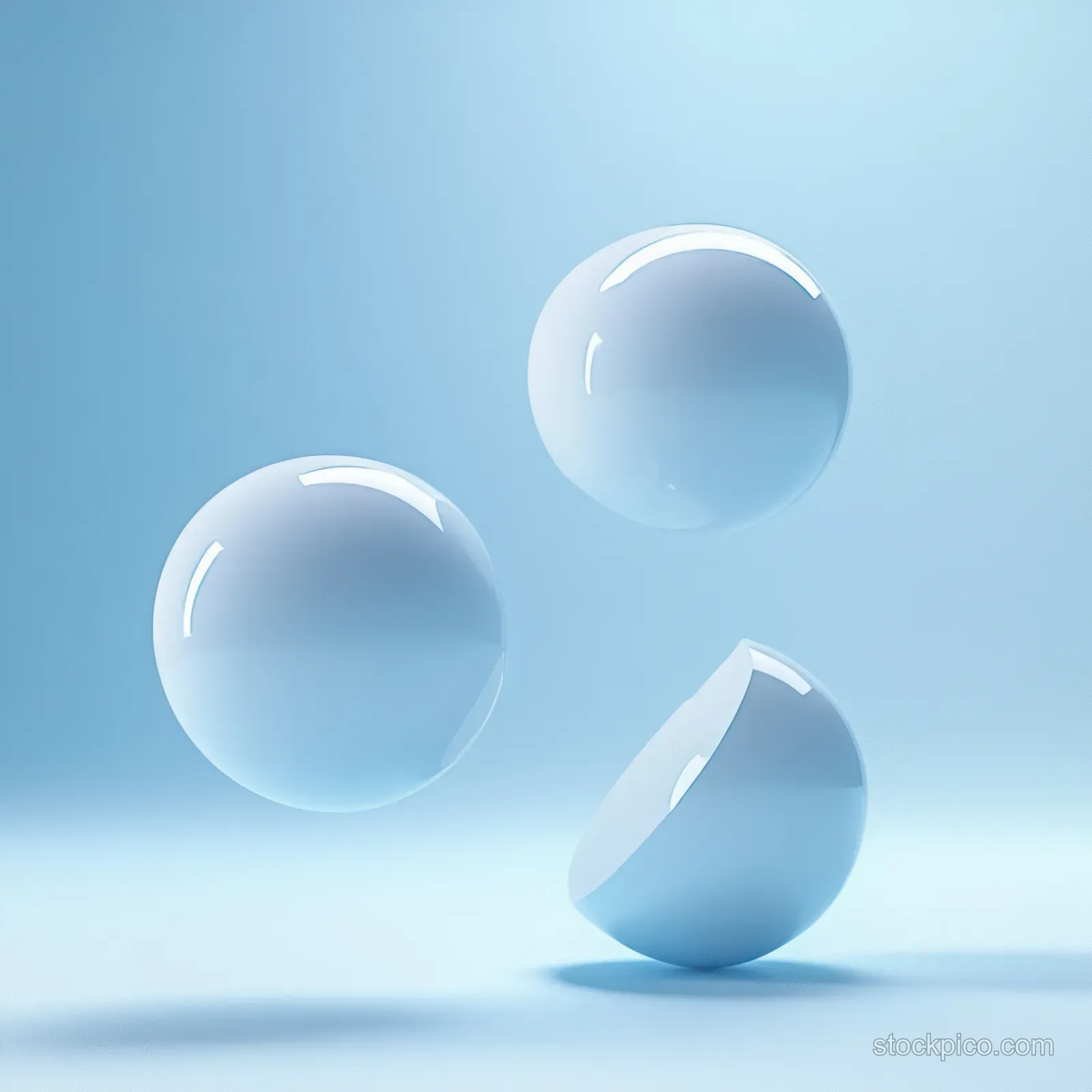 Three glossy blue spheres float above a minimal podium base in a bright studio scene with soft shadows.