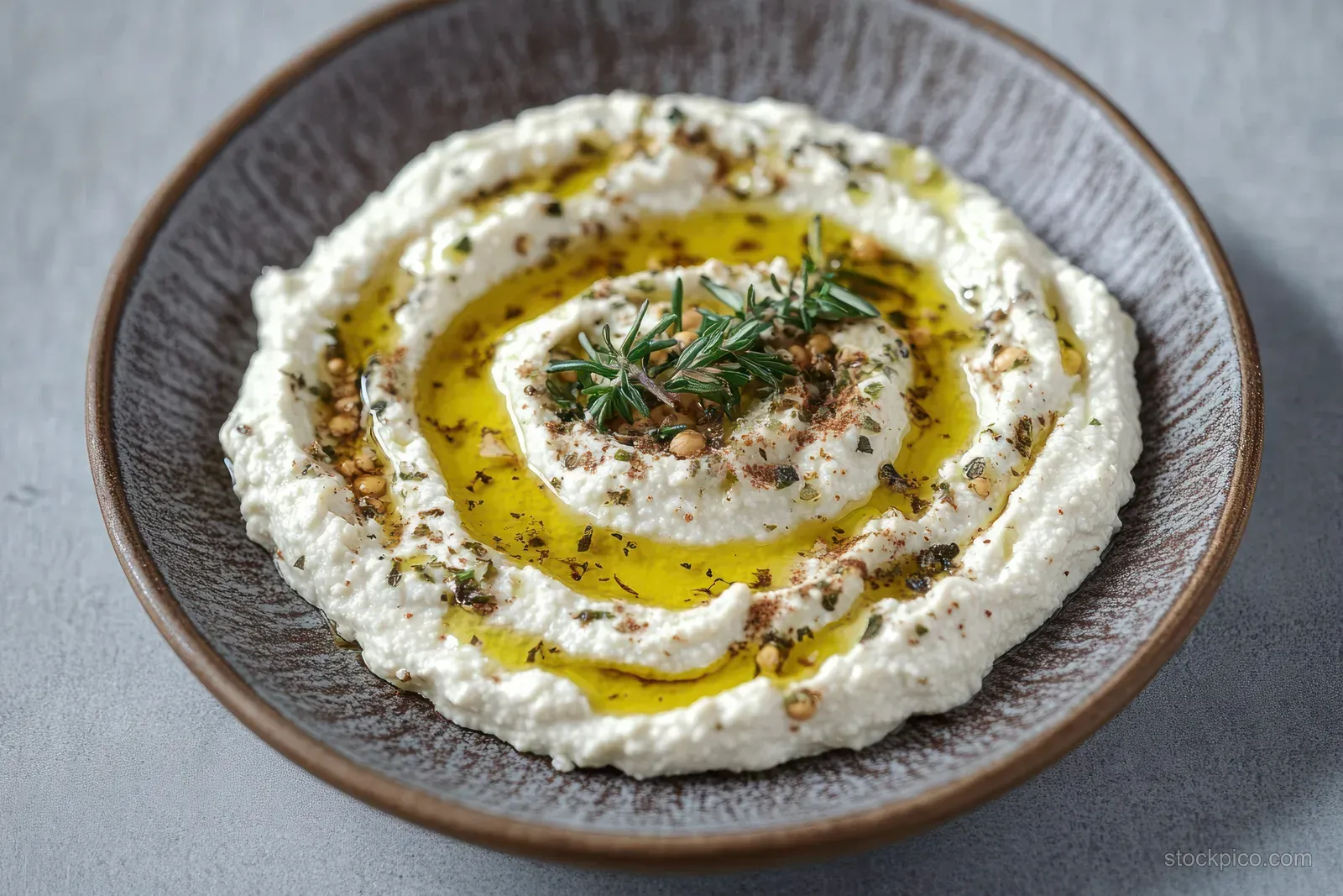 Creamy white whipped dip with olive oil and herbs served on a rustic brown ceramic plate.