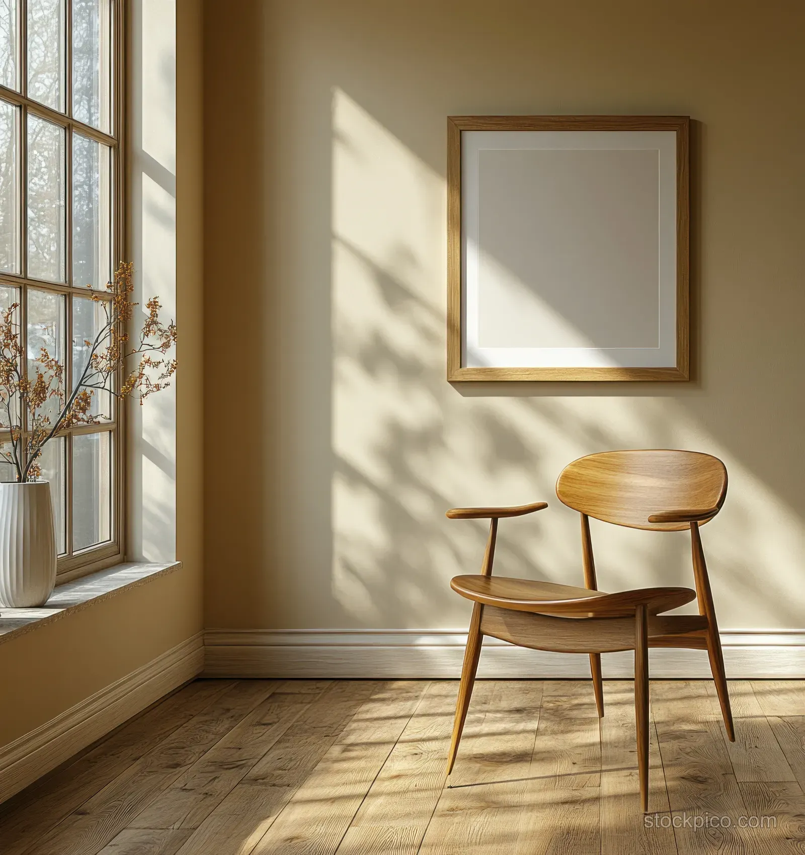 Wooden chair and blank framed picture on a light wall in a sunlit Scandinavian interior corner.