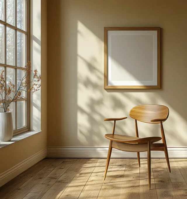Wooden chair and blank framed picture on a light wall in a sunlit Scandinavian interior corner.