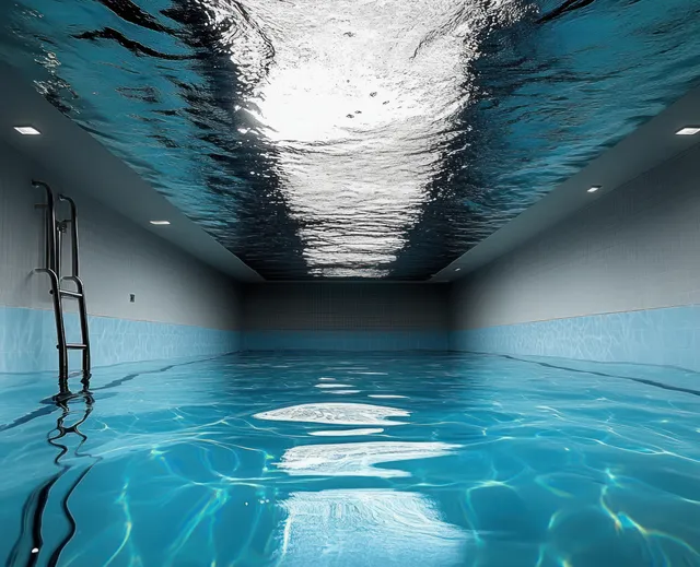 Empty indoor swimming pool with blue water, tiled walls, and a metal ladder under reflected ceiling light.