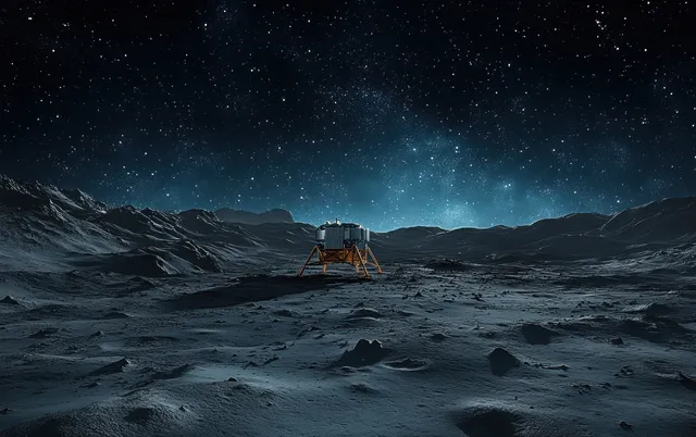 A futuristic lunar lander sits on a rocky moon surface under a glowing Milky Way and deep starry sky.