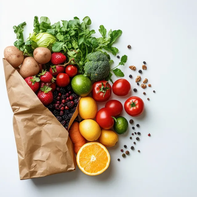 Top view grocery bag filled with fresh fruits and vegetables on white background