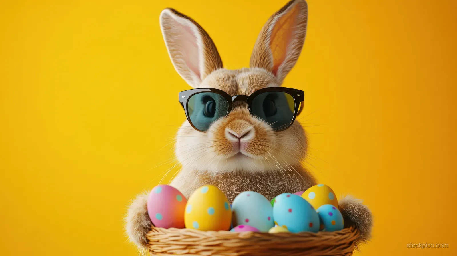 A sunglasses-wearing rabbit holds a basket of colorful decorated Easter eggs against a bright yellow background.