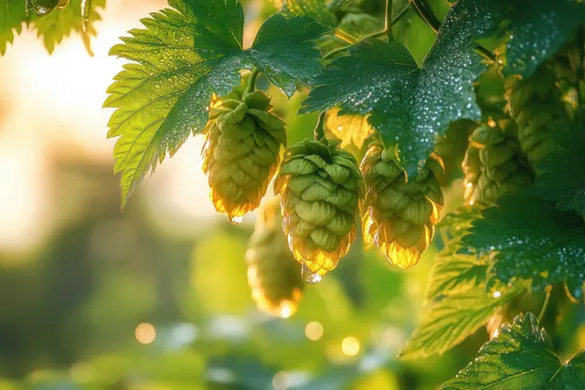 Dewy hop cones and green leaves hang from a vine as warm golden light creates soft background bokeh.