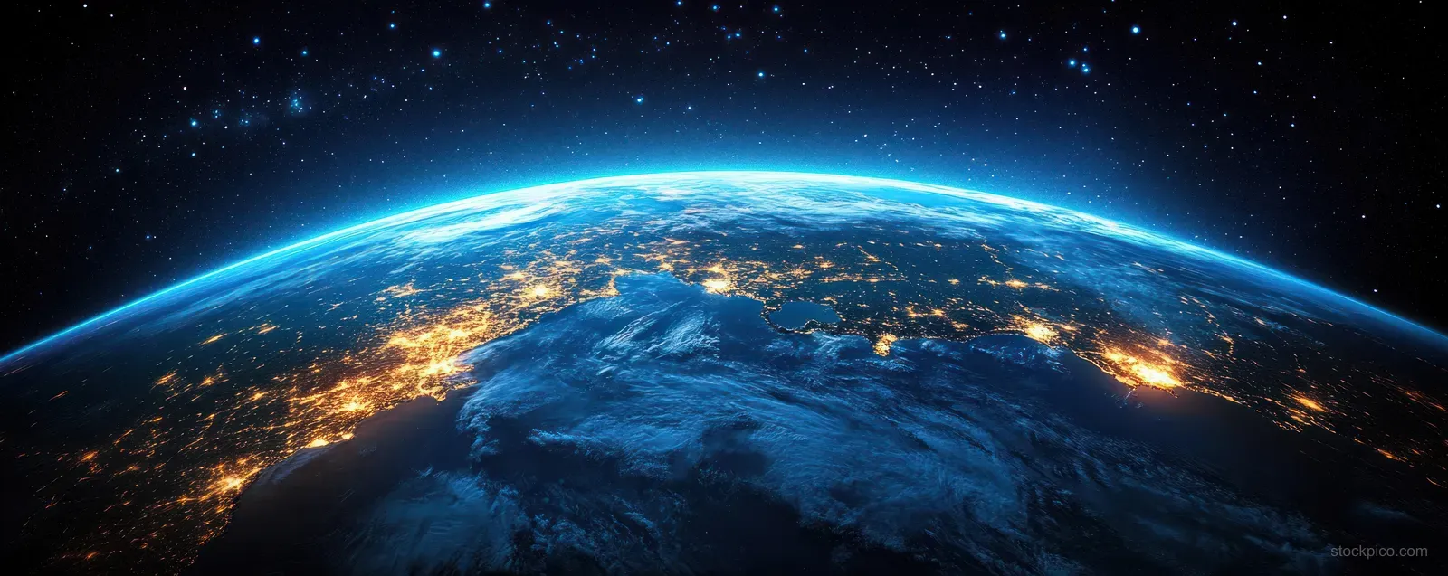 Night view of Earth from space with city lights over Japan, Korea, and China and a blue atmospheric rim.