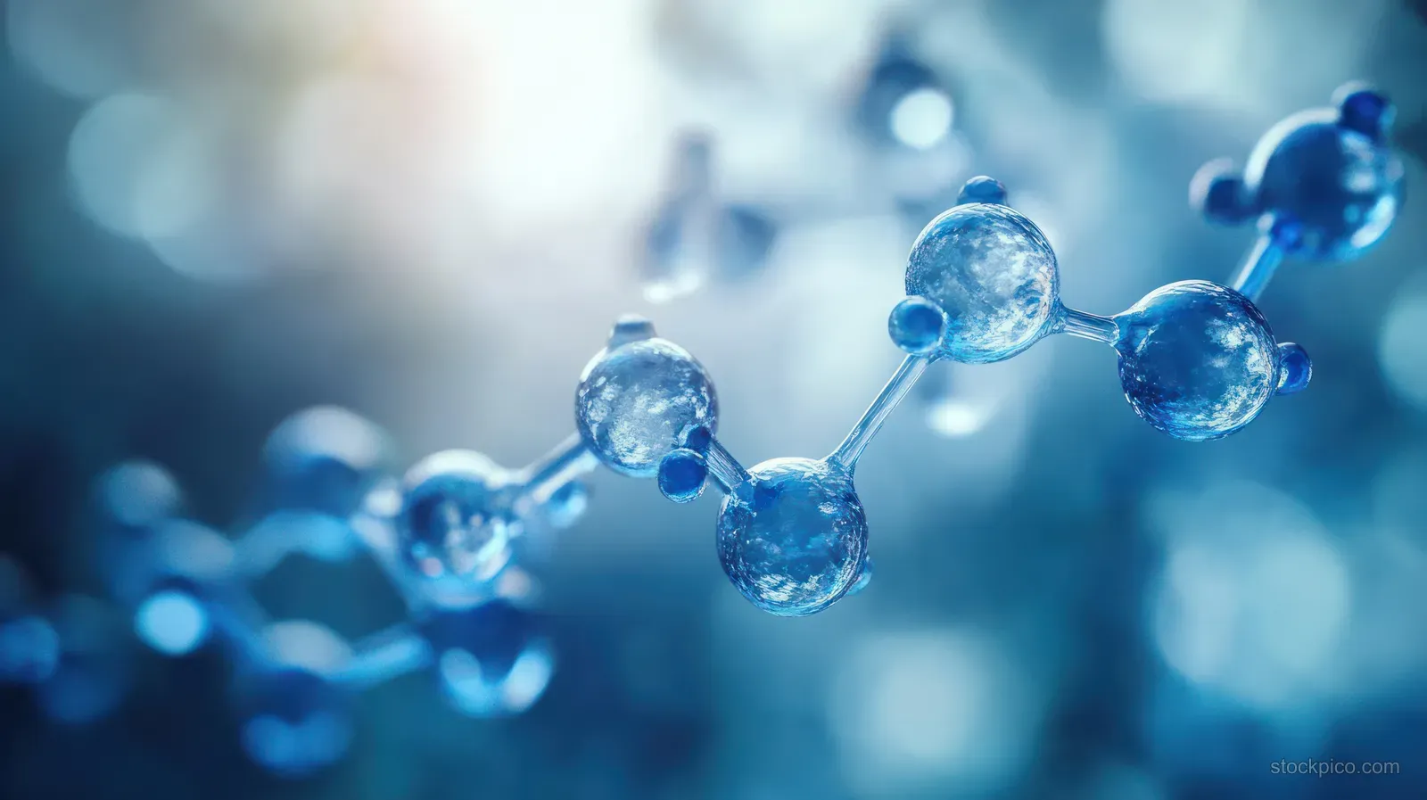 Blue glowing spheres connected by fine molecular bonds appear in a blurred background.