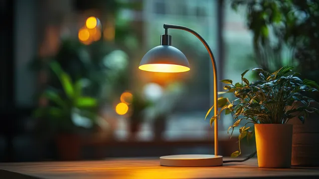 Warm desk lamp lights a tabletop with a potted plant, while blurred evening lights glow in the background.