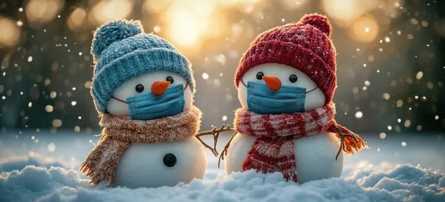 Two snowmen wearing knitted face masks and hats stand in snowy light with glowing bokeh in the background.