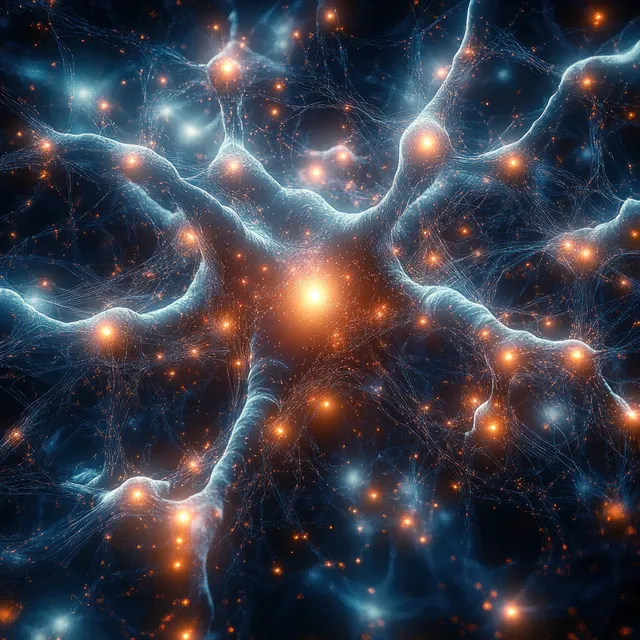 Bioluminescent neural network visualizing glowing synapses across a deep space brain map