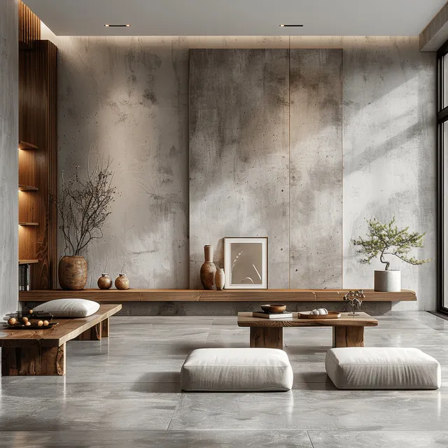 Japandi living room with concrete wall, grey floor, and wooden low seating