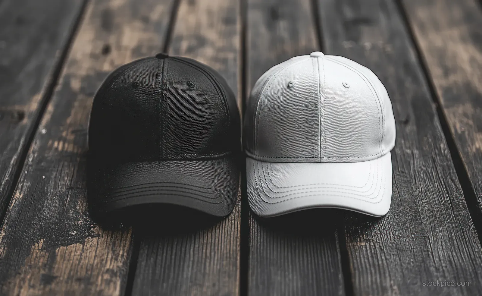 Black and white baseball caps sit side by side on weathered wooden planks, showing stitching and curved brim.