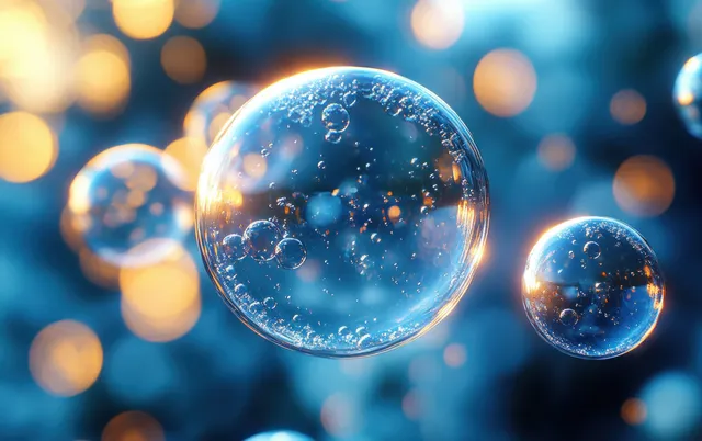 Transparent blue cell-like spheres float against soft bokeh, with tiny glowing particles suggesting biotech therapy.
