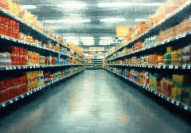 Blurred supermarket aisle with stocked shelves on both sides and bright overhead lights creating a deep perspective.