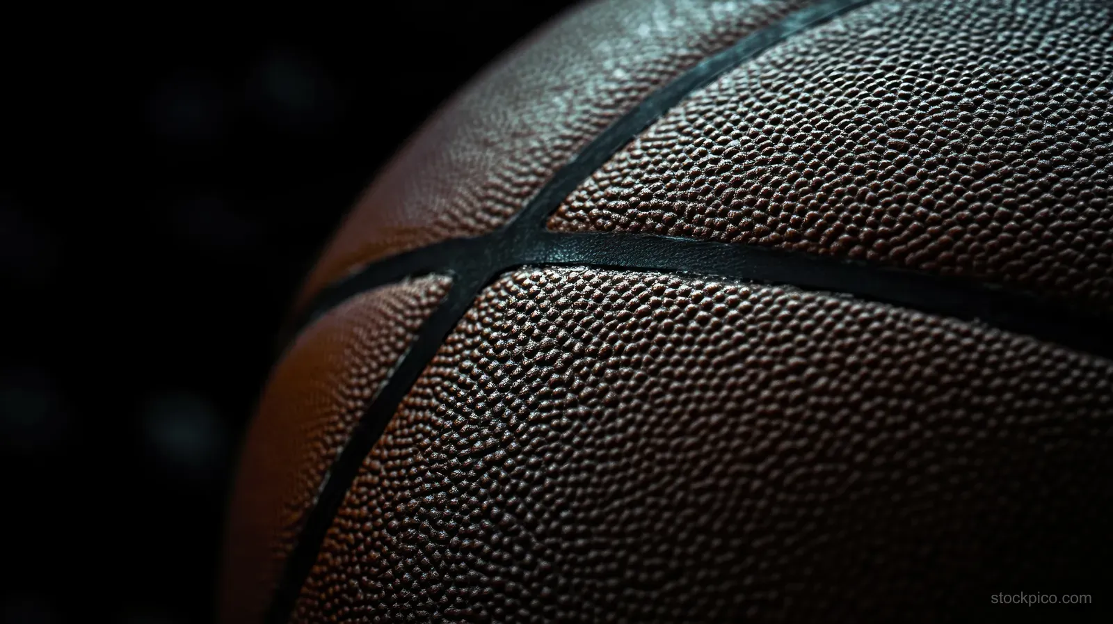 Brown basketball close-up with detailed black seams and textured leather grain under low-light shadows.
